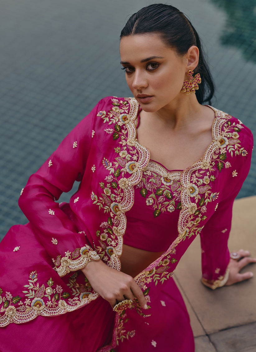 Rani Pink Georgette Embroidered Designer IndoWestern