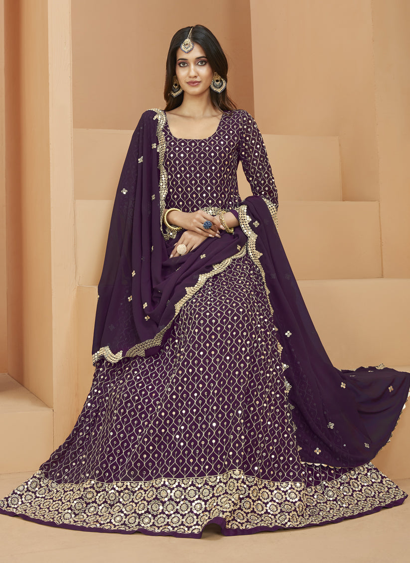 Burgundy Georgette Embroidered Anarkali Suit