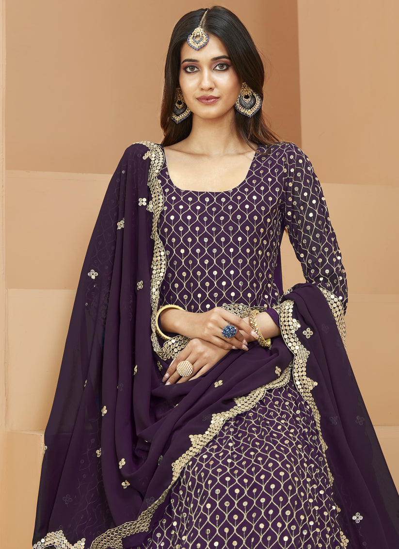 Burgundy Georgette Embroidered Anarkali Suit