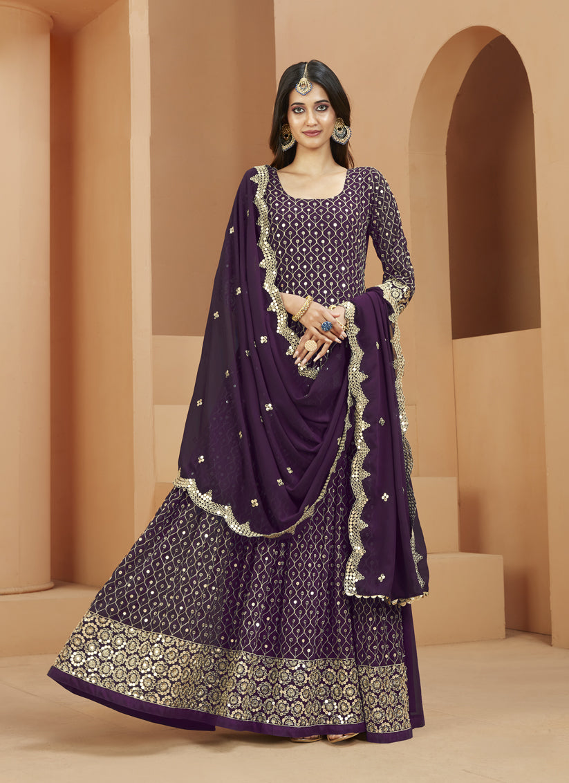 Burgundy Georgette Embroidered Anarkali Suit