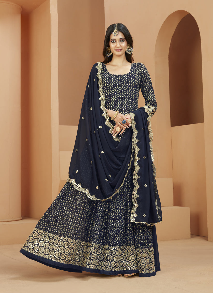Midnight Blue Georgette Embroidered Anarkali Suit