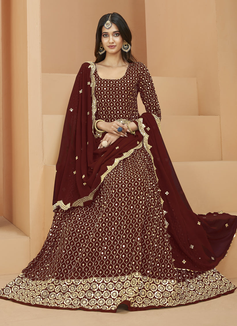 Maroon Georgette Embroidered Anarkali Suit