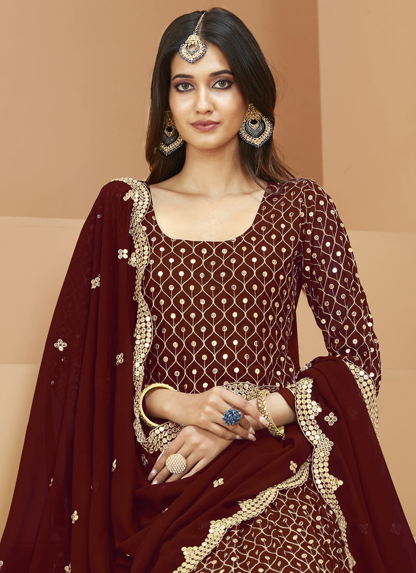 Maroon Georgette Embroidered Anarkali Suit