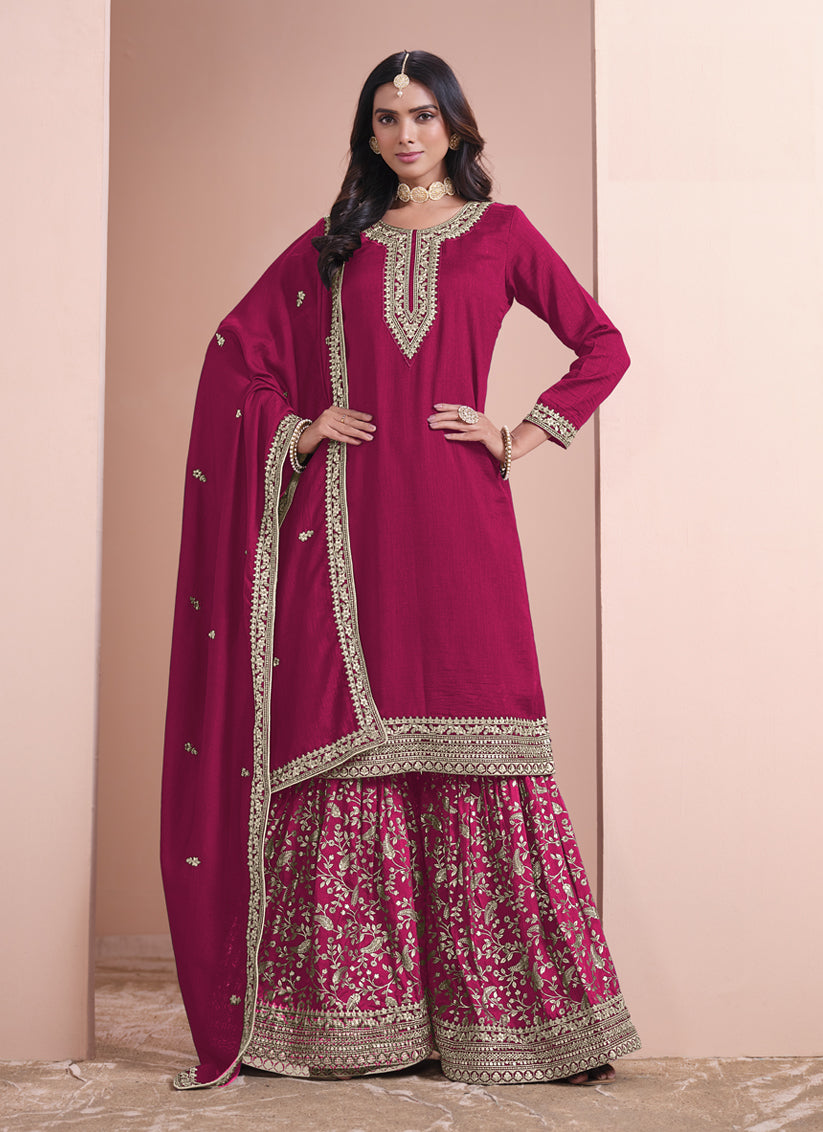 Rani Pink Art Silk Embroidered Palazzo Kameez