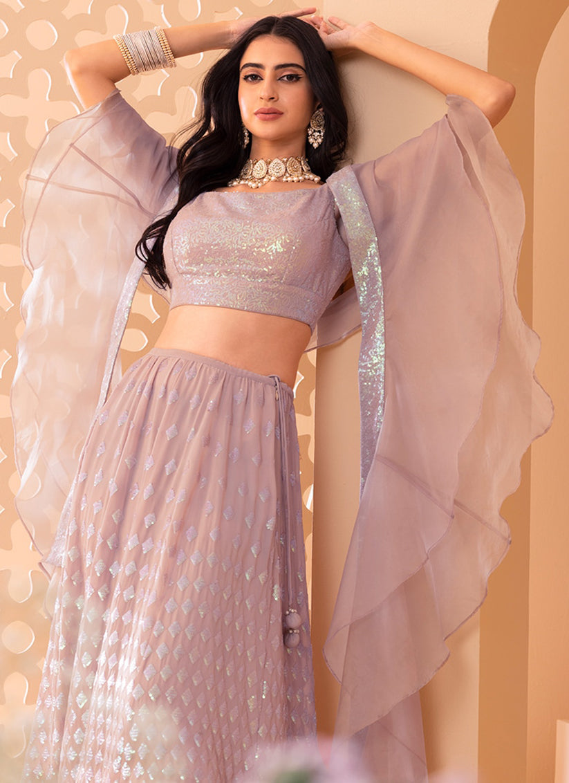Light Pink Embroidered Georgette Lehenga Choli Set