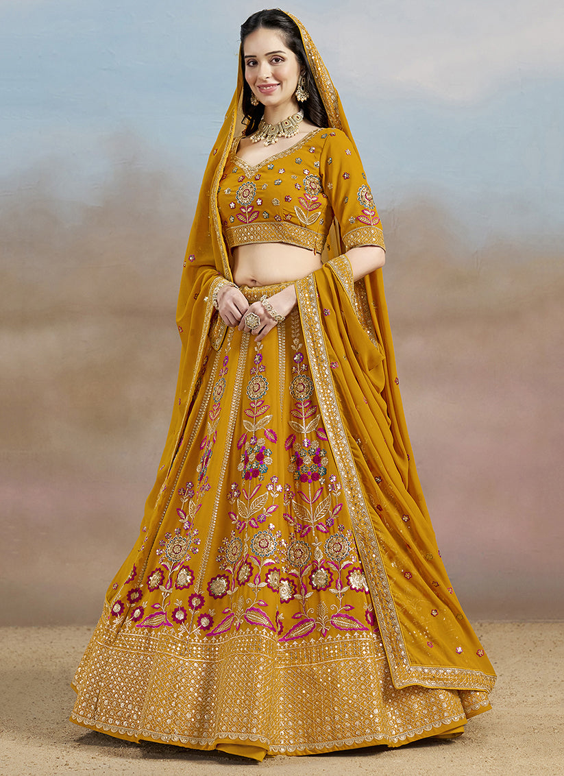 Mustard Yellow Designer Georgette Lehenga Choli Set for Wedding