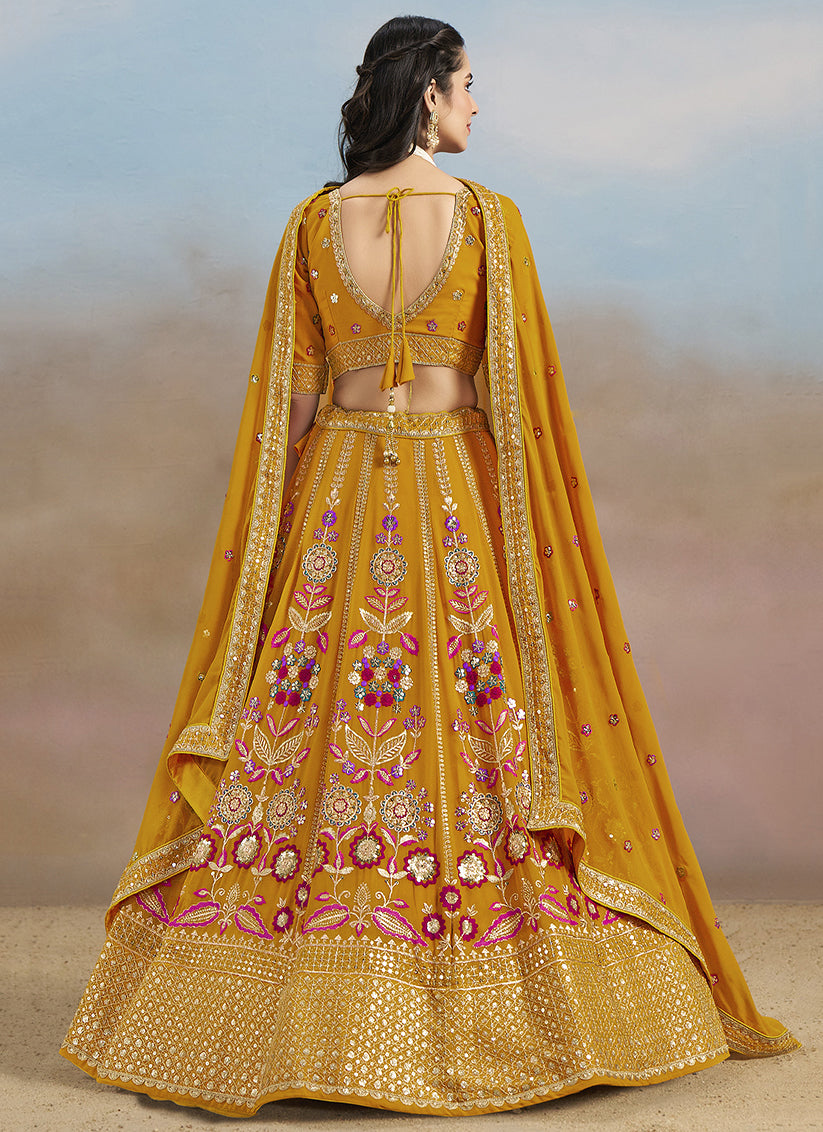 Mustard Yellow Designer Georgette Lehenga Choli Set for Wedding