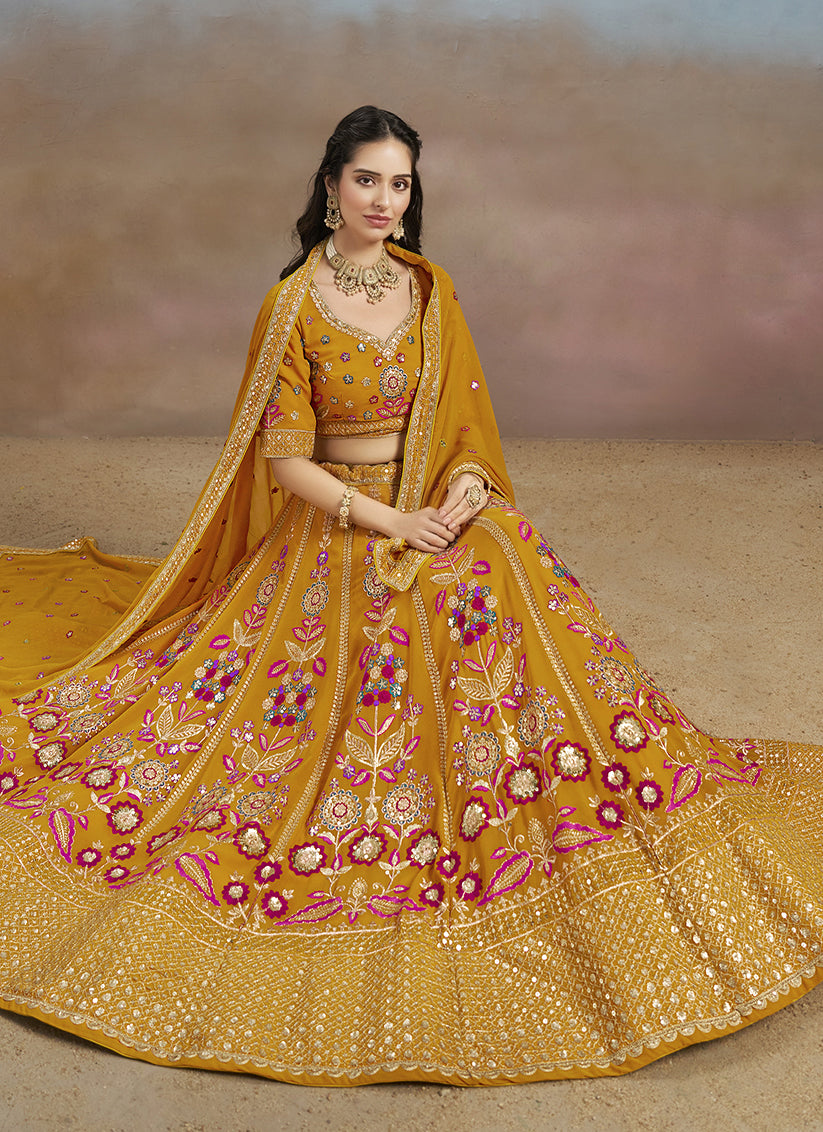 Mustard Yellow Designer Georgette Lehenga Choli Set for Wedding