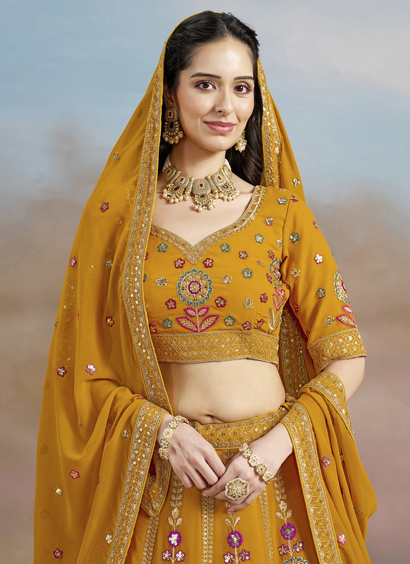 Mustard Yellow Designer Georgette Lehenga Choli Set for Wedding