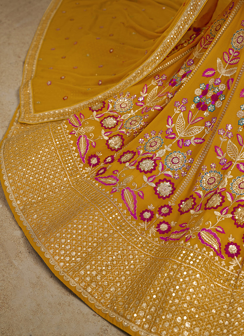 Mustard Yellow Designer Georgette Lehenga Choli Set for Wedding