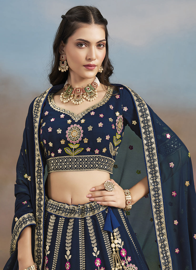 Navy Blue Designer Georgette Lehenga Choli Set for Wedding