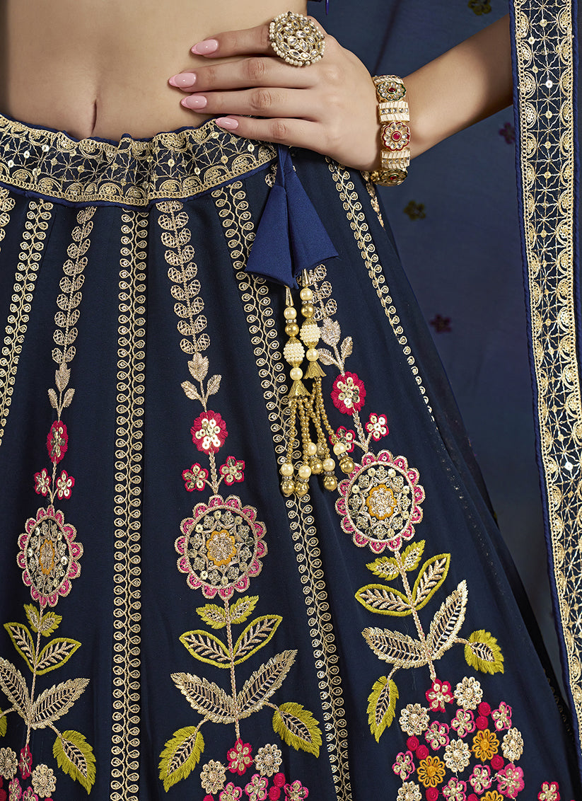 Navy Blue Designer Georgette Lehenga Choli Set for Wedding