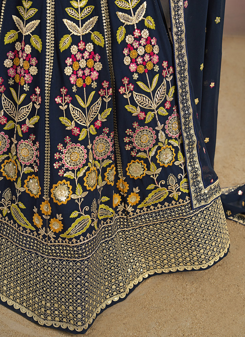 Navy Blue Designer Georgette Lehenga Choli Set for Wedding