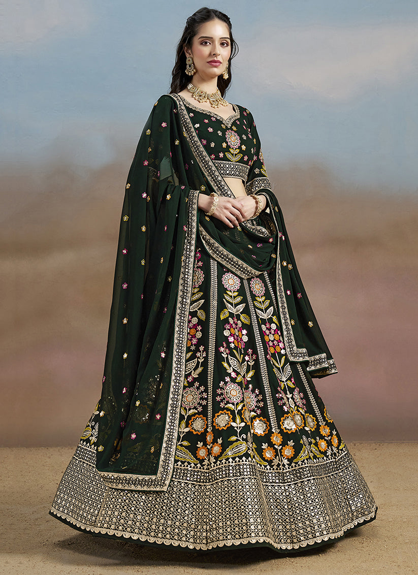 Bottle Green Designer Georgette Lehenga Choli Set for Wedding