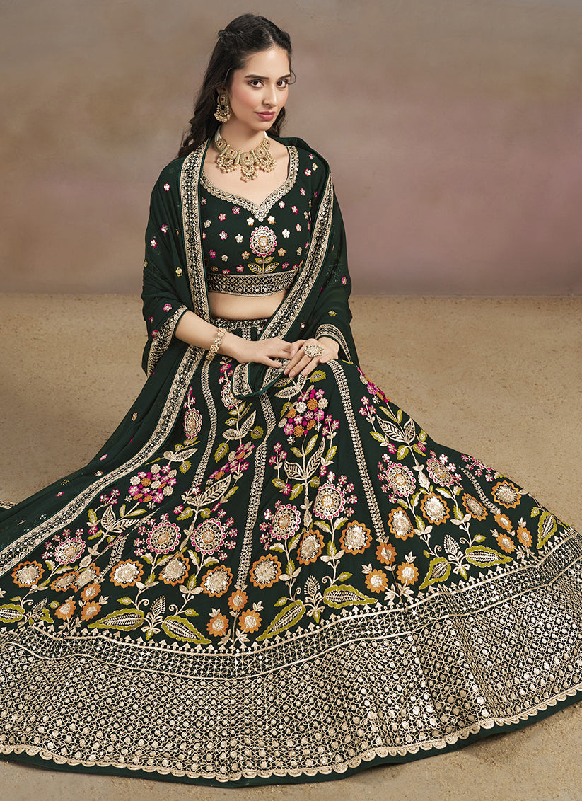 Bottle Green Designer Georgette Lehenga Choli Set for Wedding
