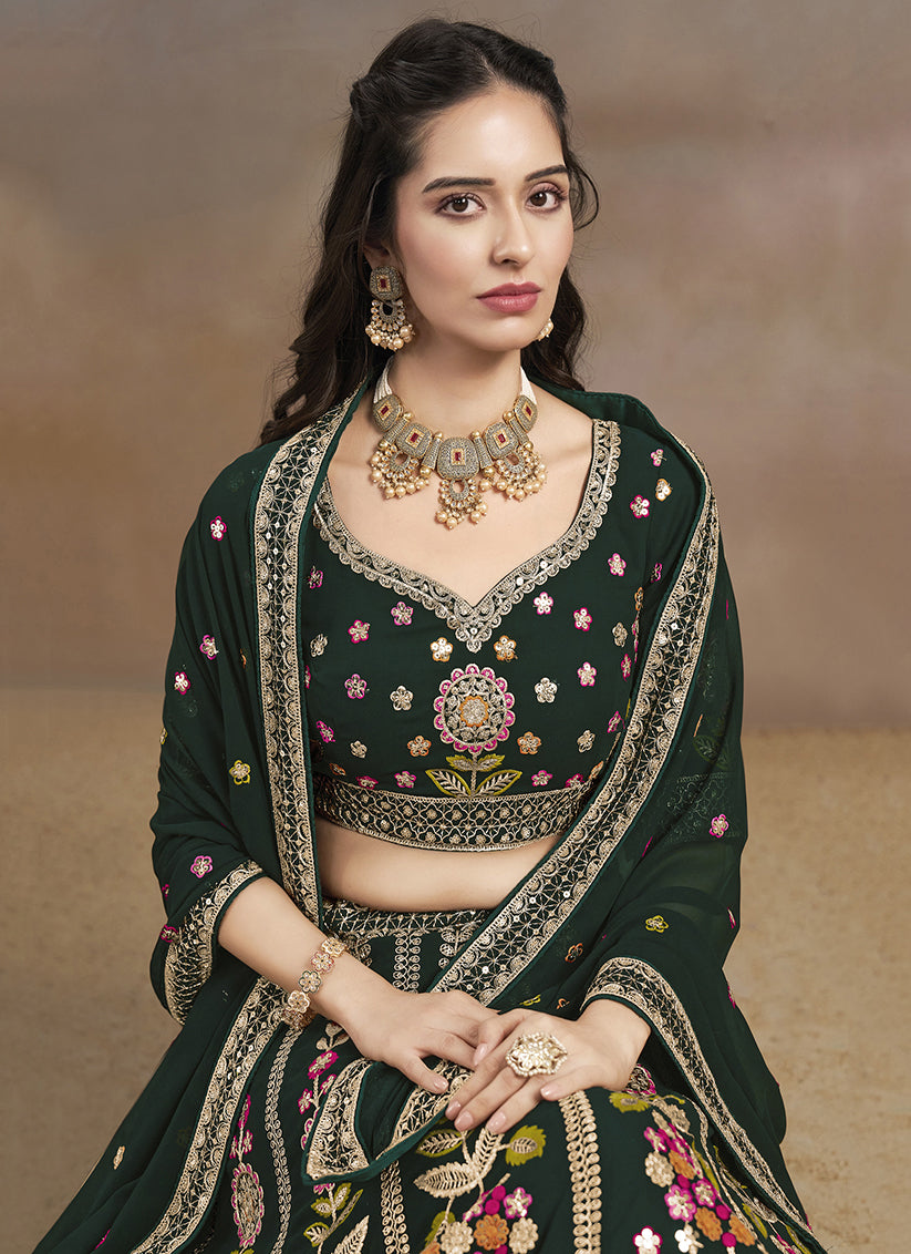 Bottle Green Designer Georgette Lehenga Choli Set for Wedding
