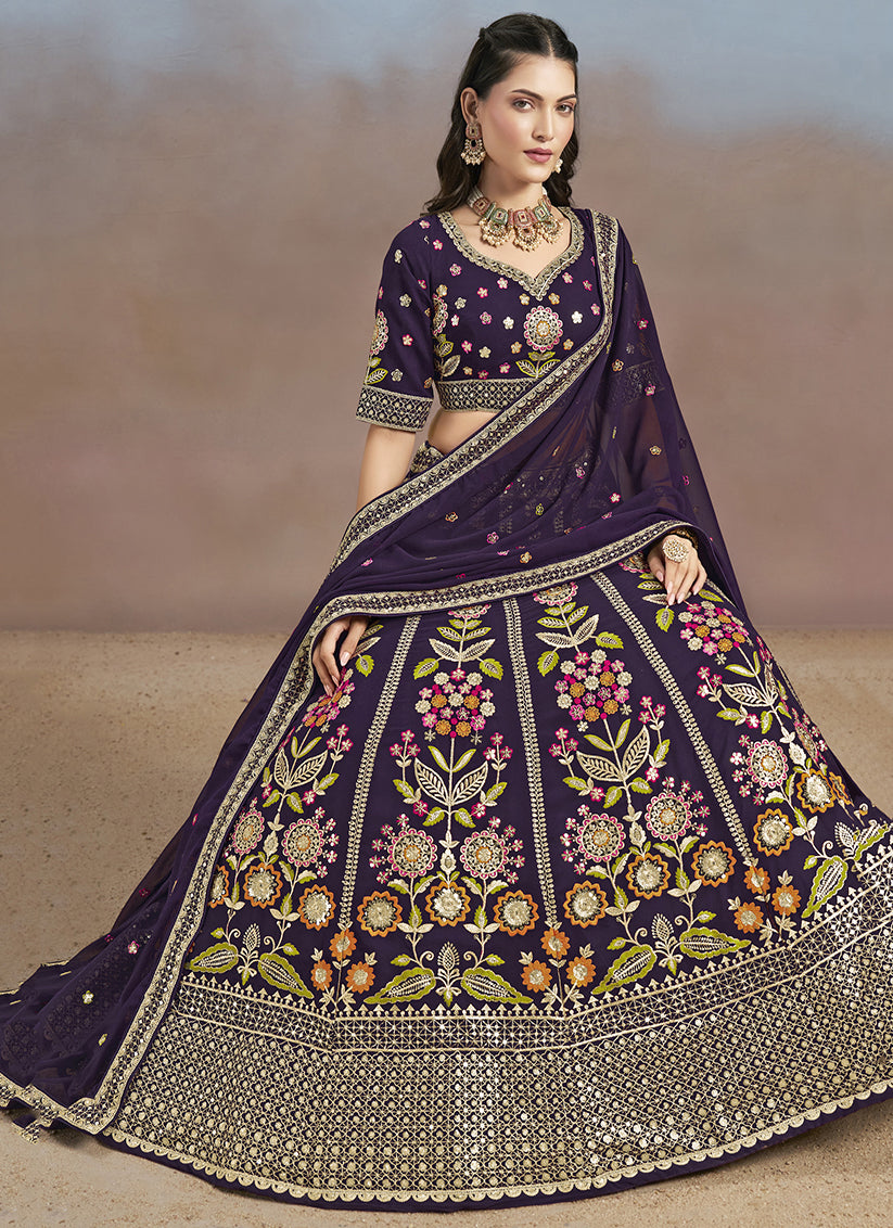 Purple Designer Georgette Lehenga Choli Set for Wedding