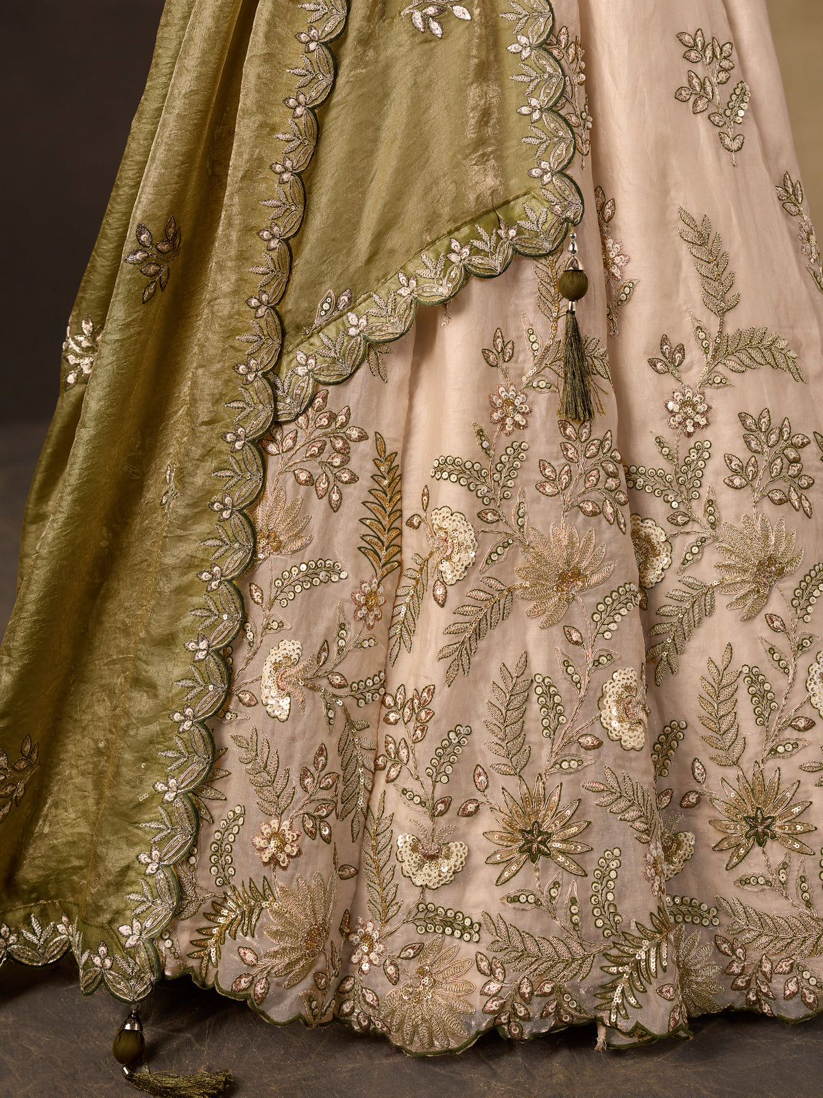 Olive Gold Fendy Silk Embroidered Lehenga Choli with Zari, Dori & Sequins