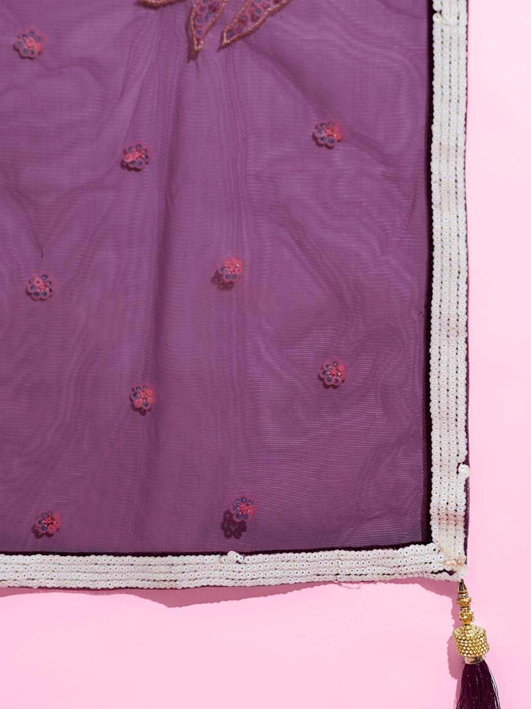 Wine Soft Net Lehenga with Thread and Multiple Sequins Embroidery Work