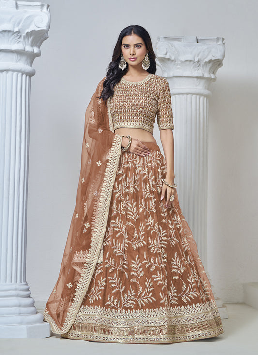 Rust Brown Net & Embroidered Lehenga Choli for Wedding