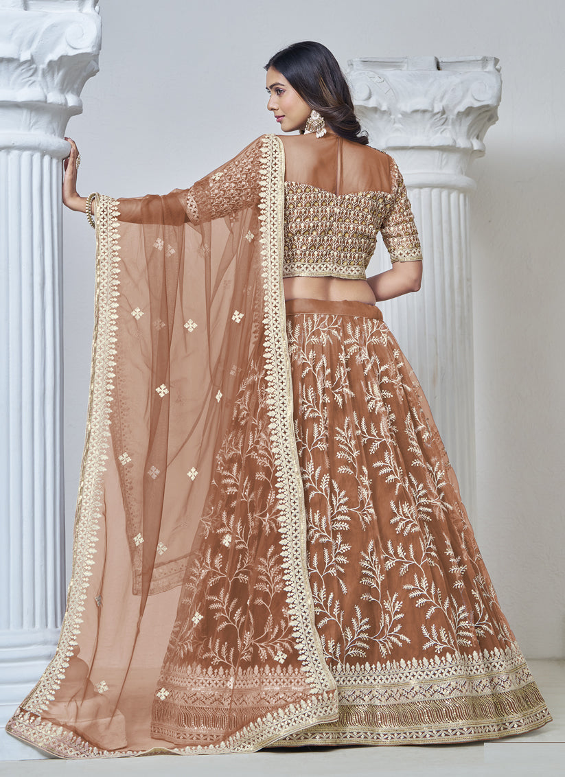 Rust Brown Net & Embroidered Lehenga Choli for Wedding