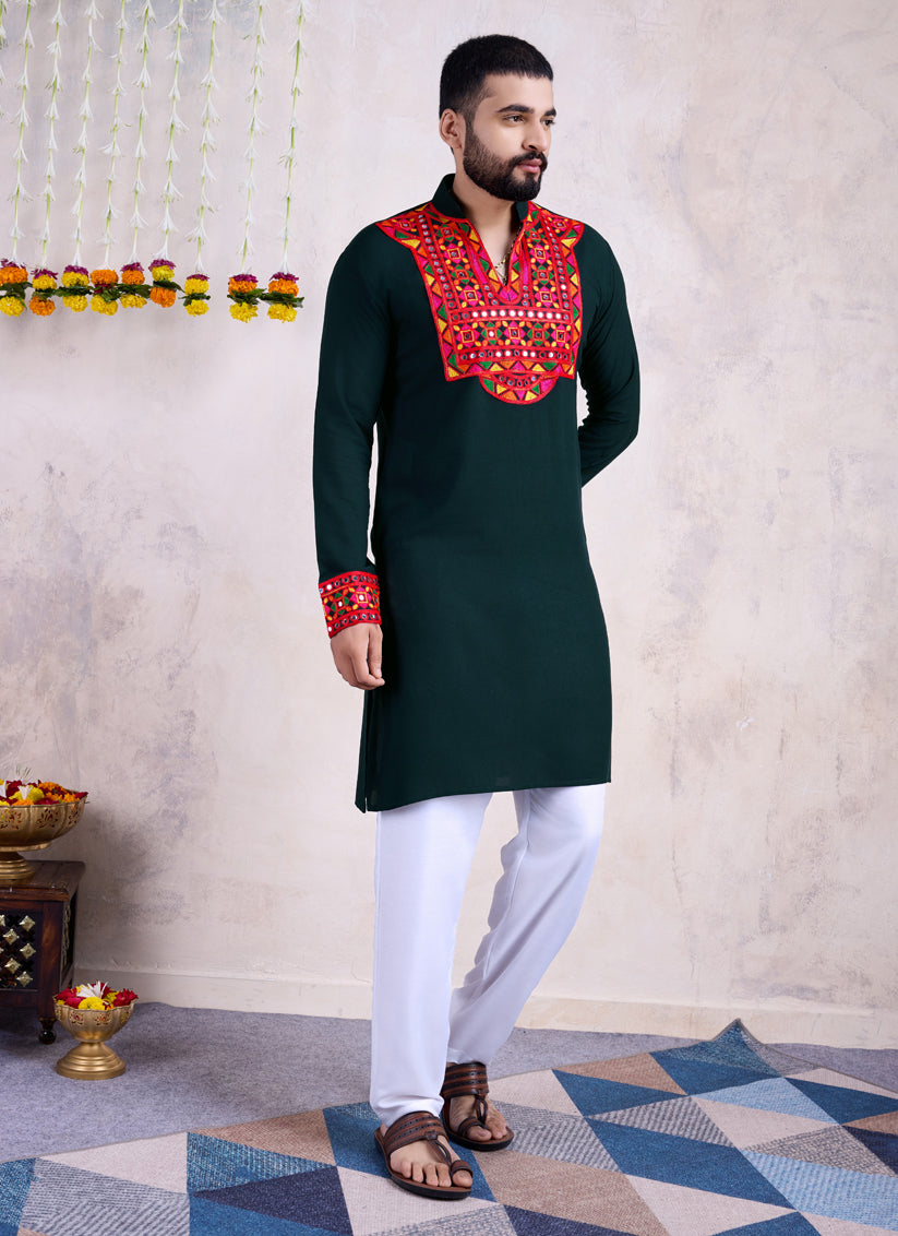 Pine Green Rayon Gamthi Work Navratri Special Kurta