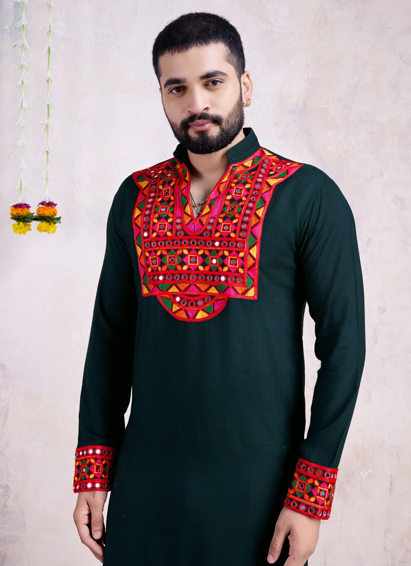 Pine Green Rayon Gamthi Work Navratri Special Kurta