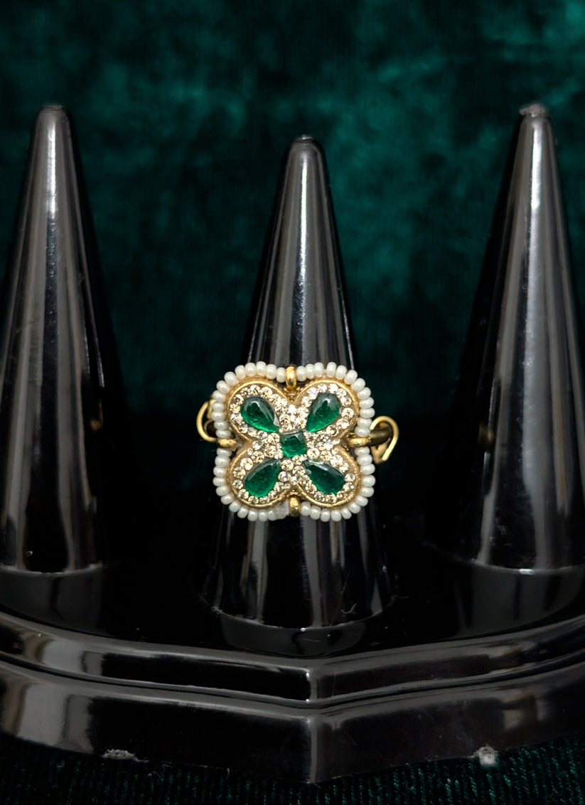 Green Kundan Studded and White Pearl Ring For Women