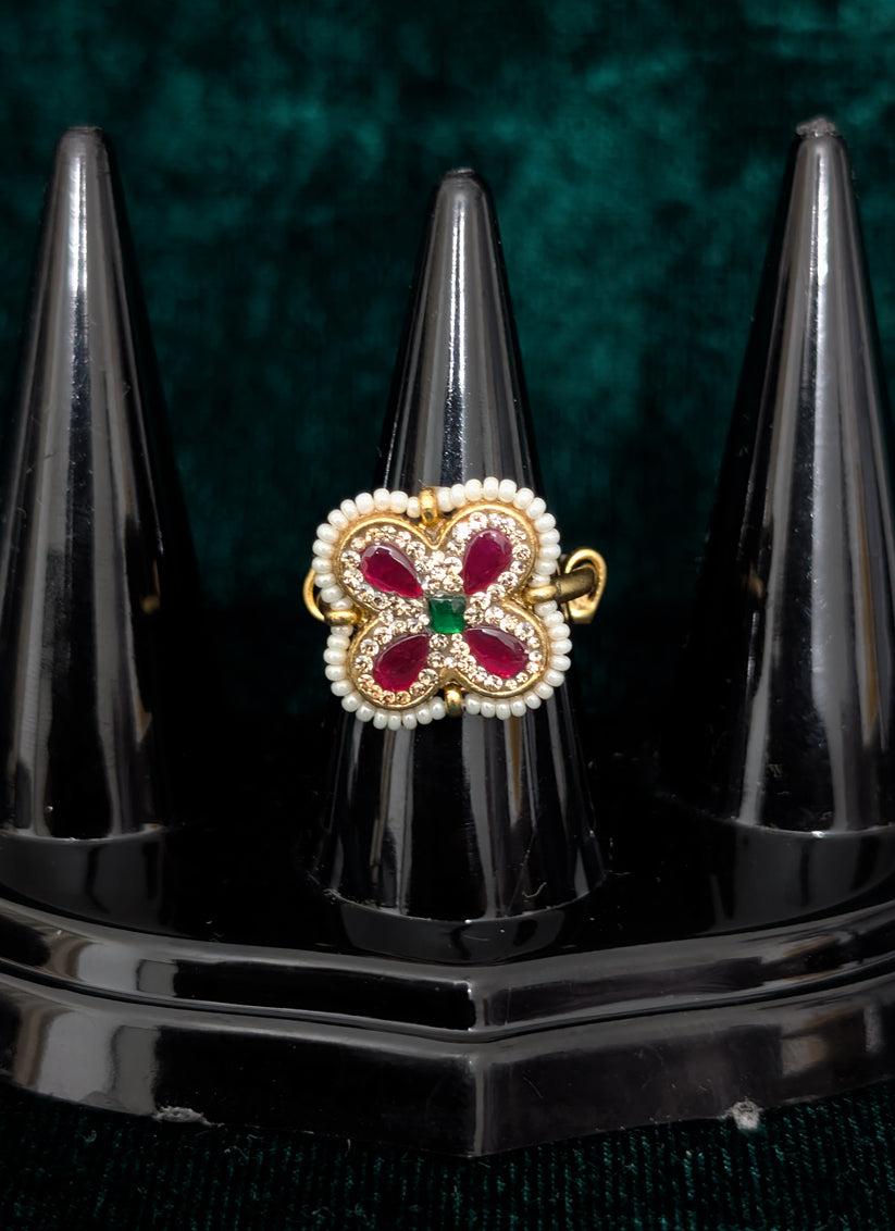 Magenta Kundan Studded and White Pearl Ring For Women