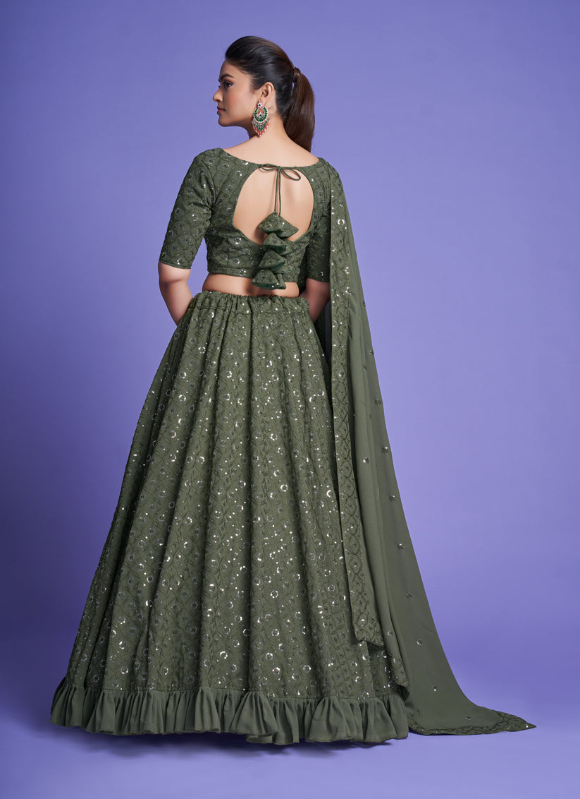 Moss Green Georgette Embroidered Designer Lehenga Choli