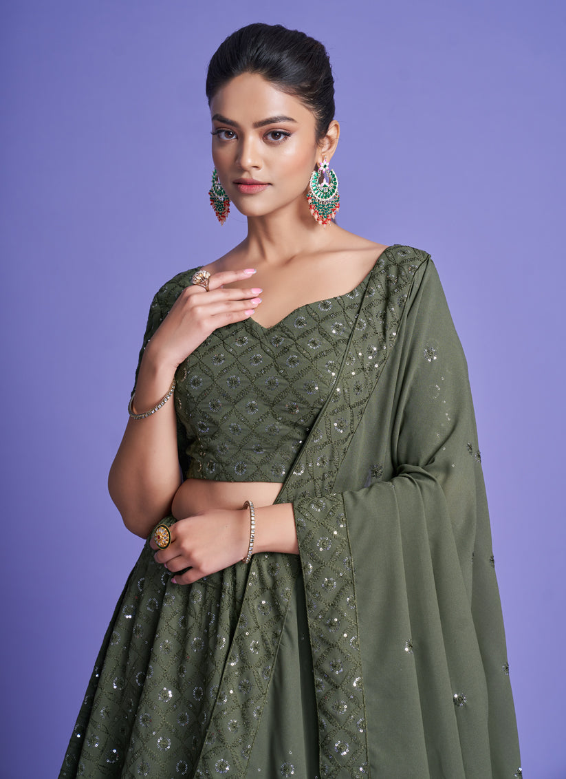 Moss Green Georgette Embroidered Designer Lehenga Choli