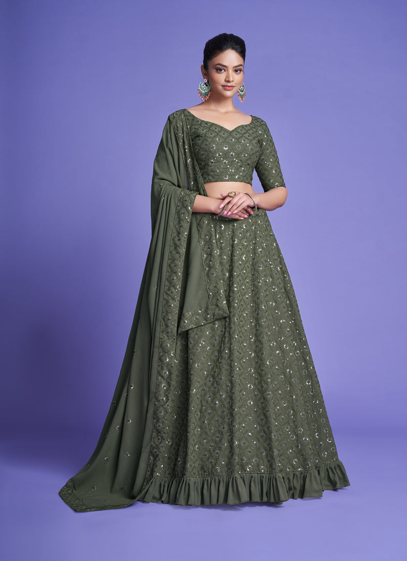 Moss Green Georgette Embroidered Designer Lehenga Choli