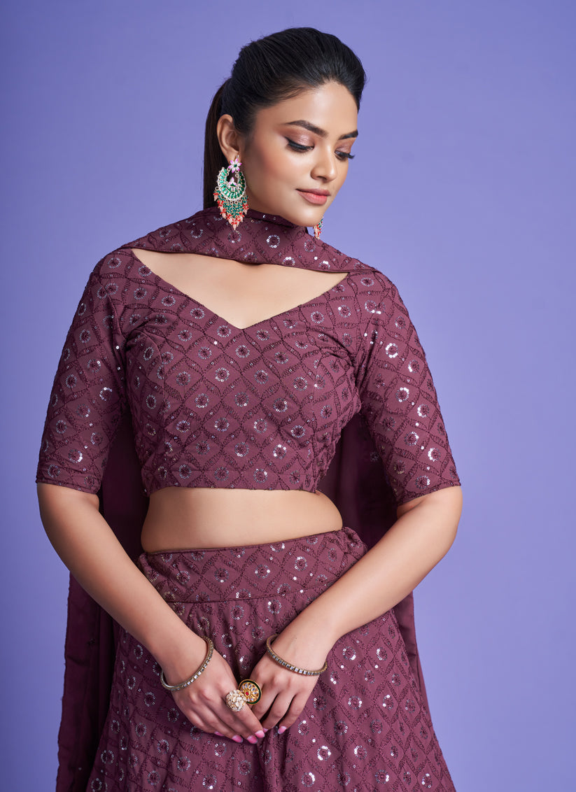 Maroon Georgette Embroidered Designer Lehenga Choli