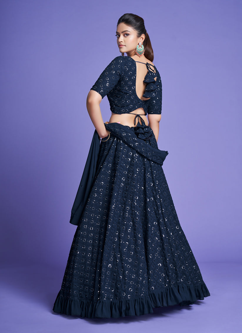 Navy Blue Georgette Embroidered Designer Lehenga Choli
