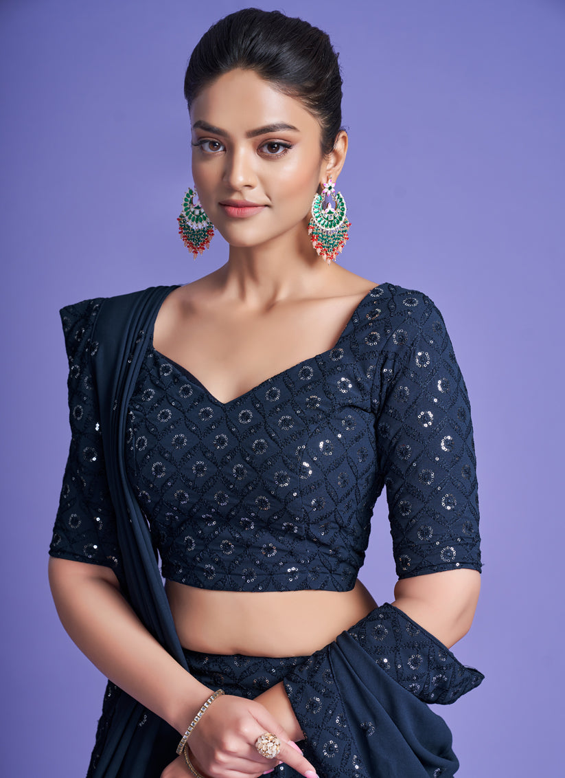 Navy Blue Georgette Embroidered Designer Lehenga Choli