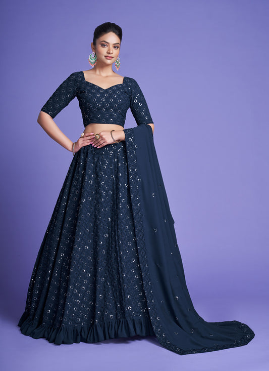 Navy Blue Georgette Embroidered Designer Lehenga Choli