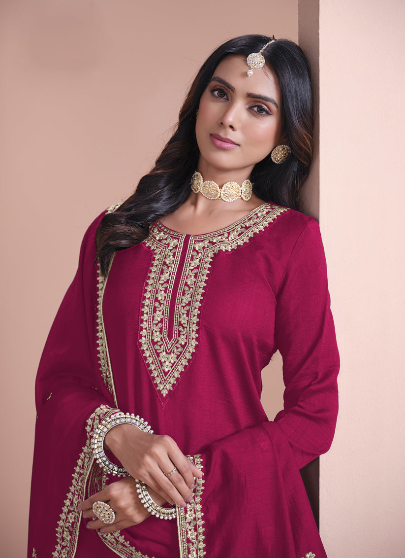 Rani Pink Art Silk Embroidered Palazzo Kameez