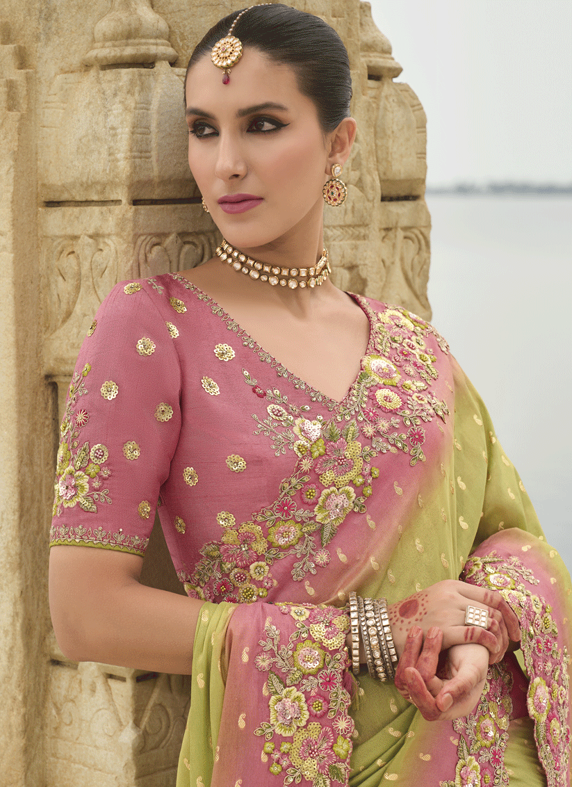 Lime Green Embroidered Tissue Silk Wedding Saree