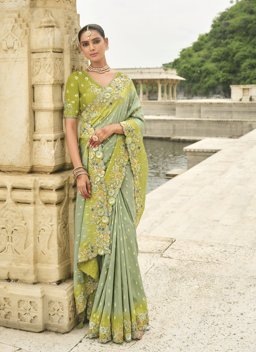 Pastel Green Embroidered Tissue Silk Wedding Saree