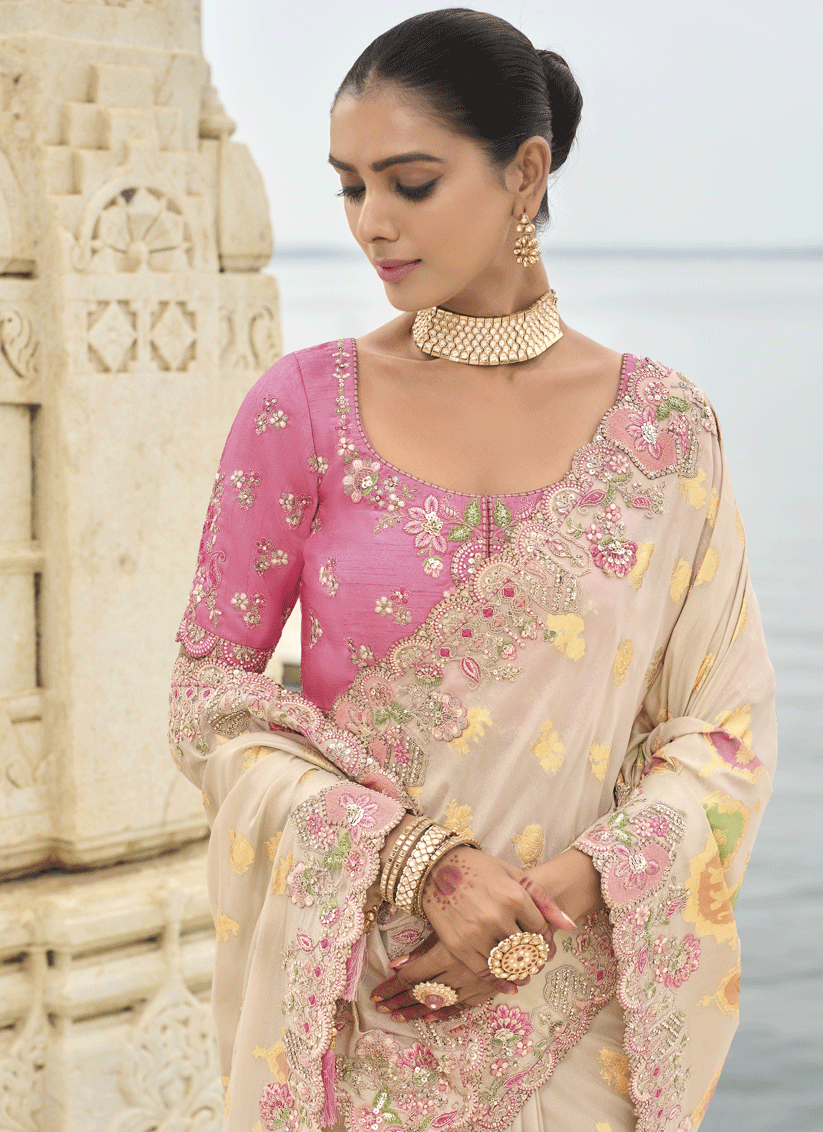 Off White Embroidered Tissue Silk Wedding Saree