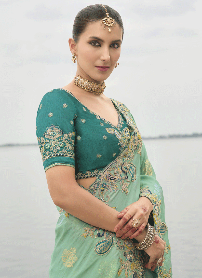 Sea Green Embroidered Tissue Silk Wedding Saree