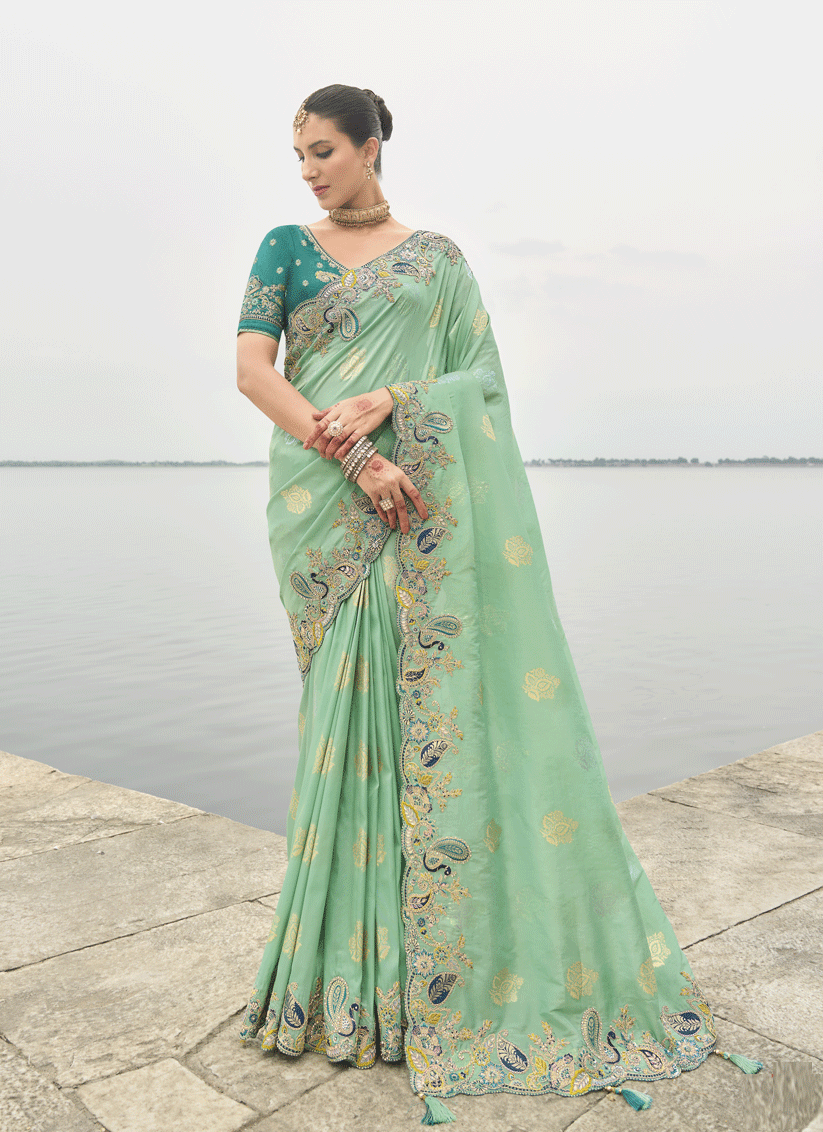Sea Green Embroidered Tissue Silk Wedding Saree
