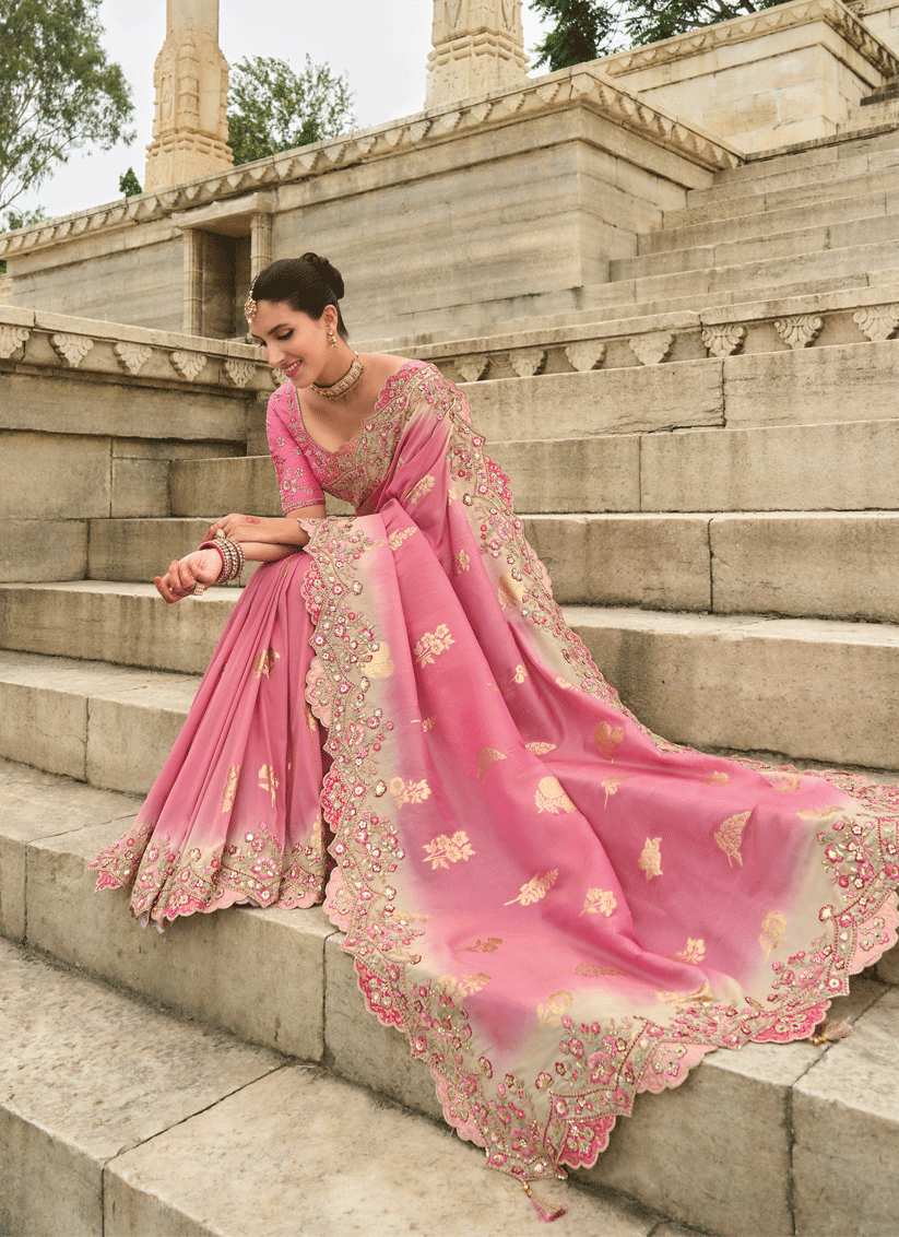 Pink Tissue Embroidered Tissue Silk Wedding Saree