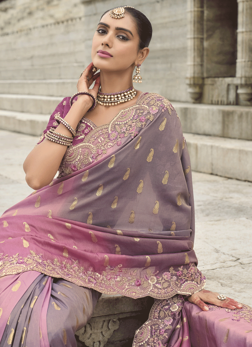 Mauve Tissue Embroidered Tissue Silk Wedding Saree