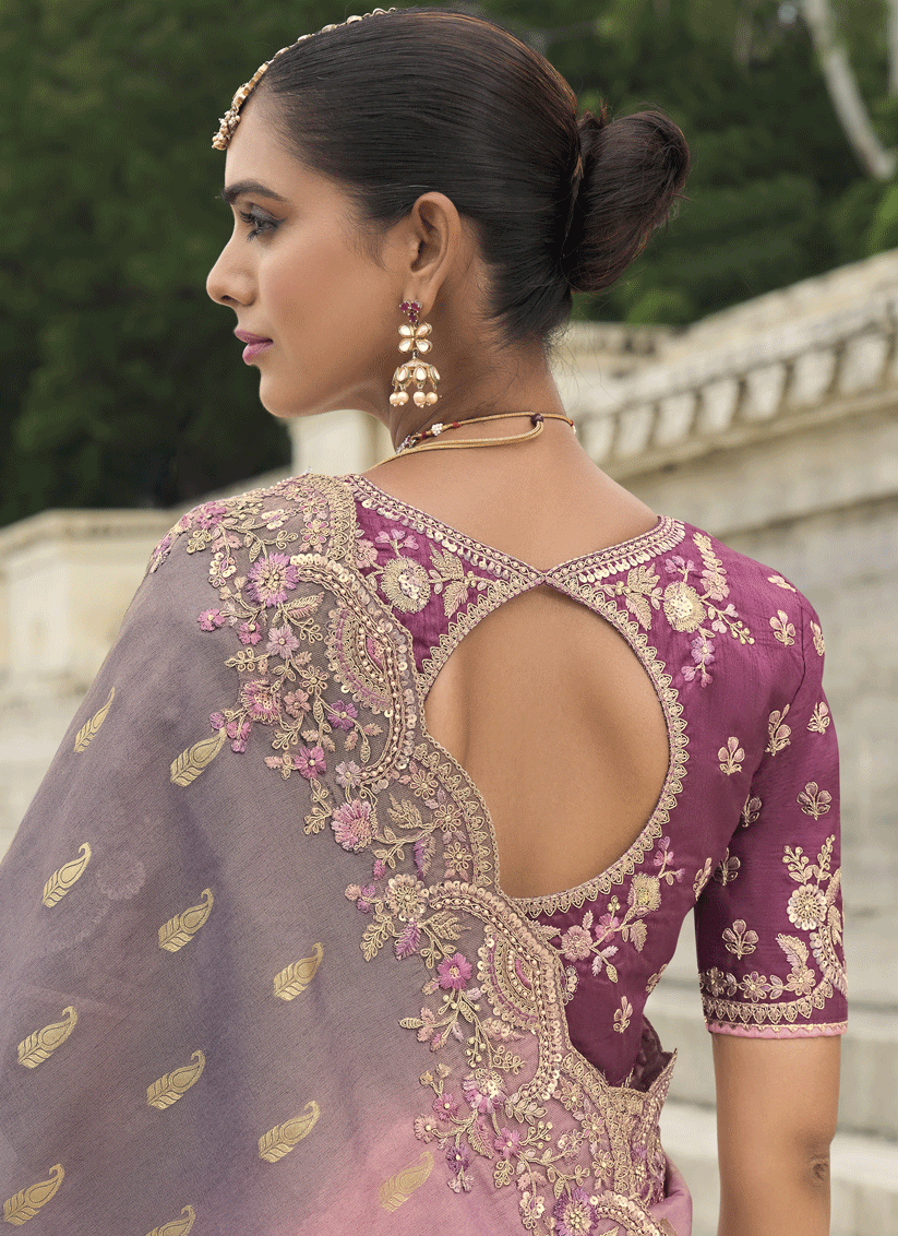 Mauve Tissue Embroidered Tissue Silk Wedding Saree