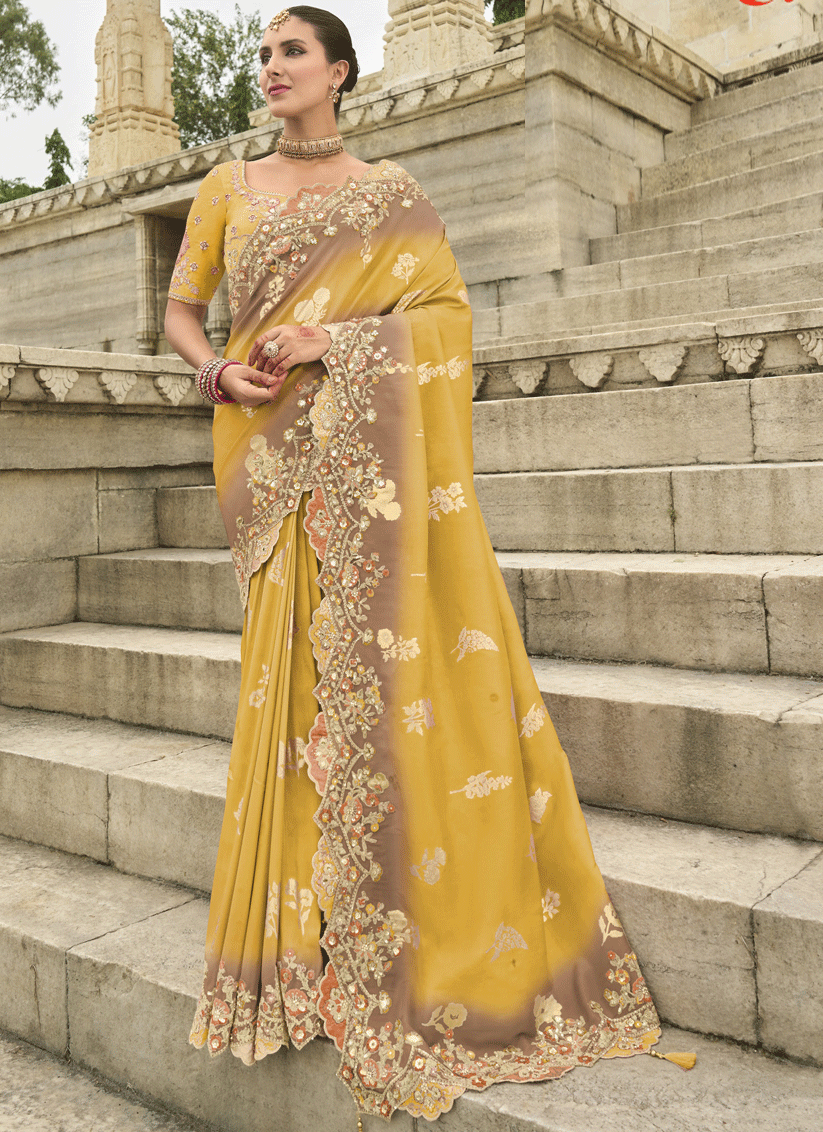 Mustard and Brown Embroidered Silk Designer Saree