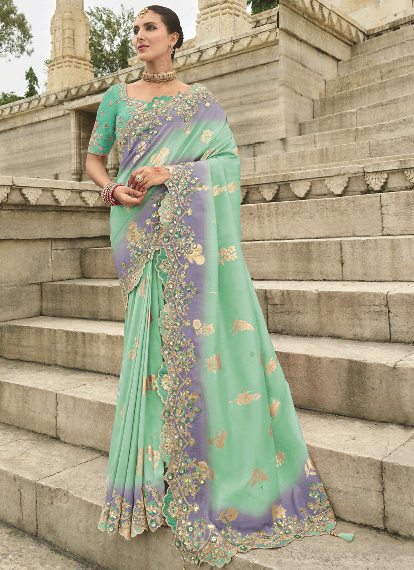 Aqua Green and Purple Embroidered Silk Designer Saree