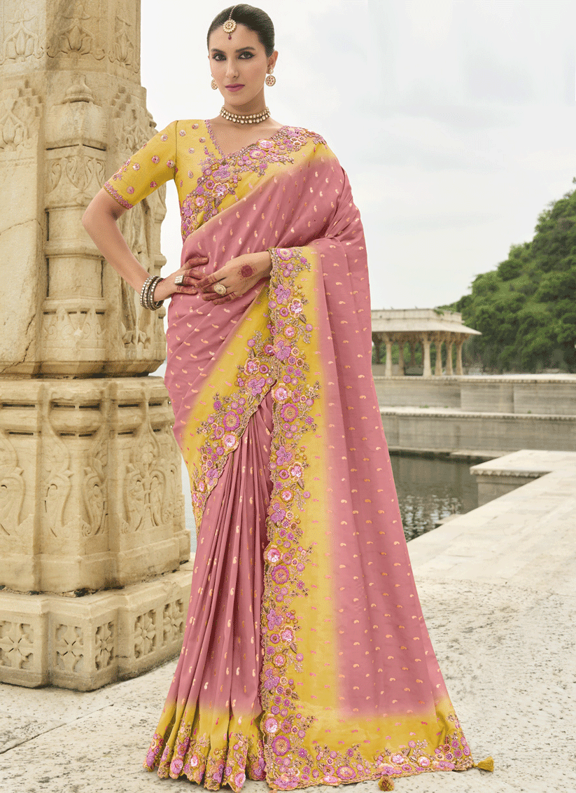 Coral Pink and Lemon Embroidered Silk Designer Saree