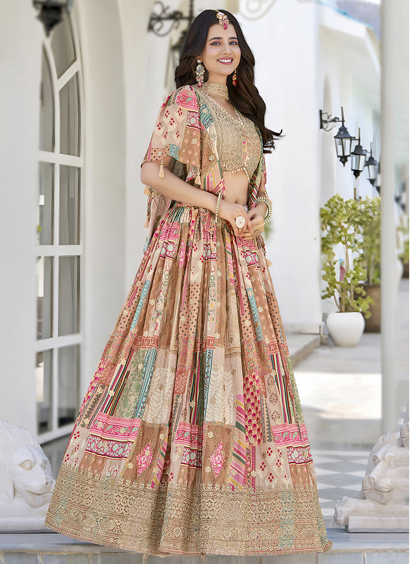 Beige Embroidered Chinnon Silk Lehenga Choli Set for Festival