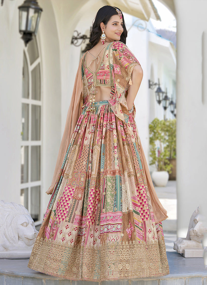 Beige Embroidered Chinnon Silk Lehenga Choli Set for Festival